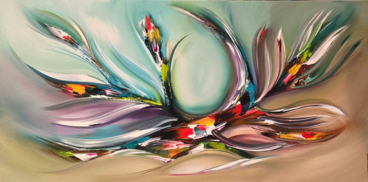 Original hand-painted abstract lotus painting on canvas with flowing petals, turquoise tones, and colorful accents, G024