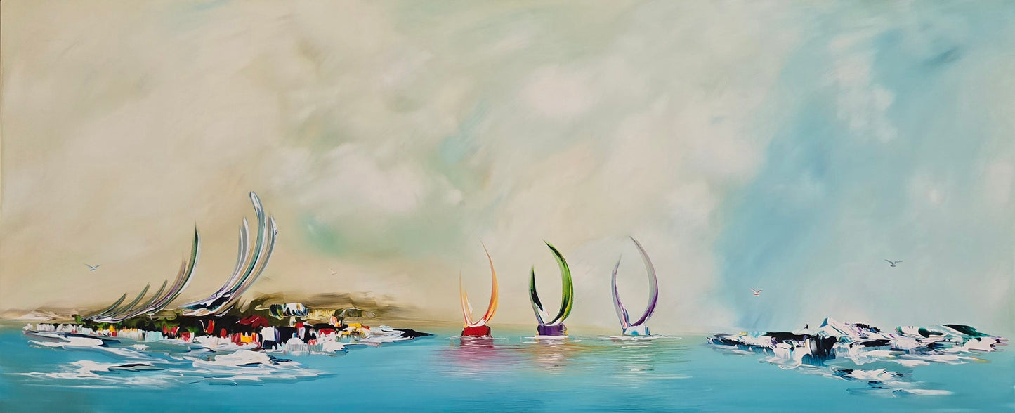 Original hand-painted abstract seascape painting on canvas with colorful sailboats and turquoise water, G016