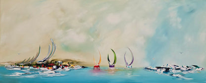 Original hand-painted abstract seascape painting on canvas with colorful sailboats and turquoise water, G016