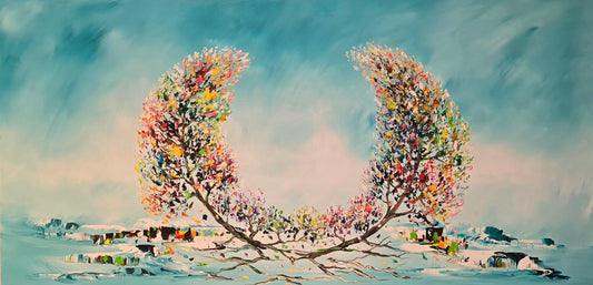 Original hand-painted abstract tree painting on canvas with two colorful tree forms and turquoise background, G011