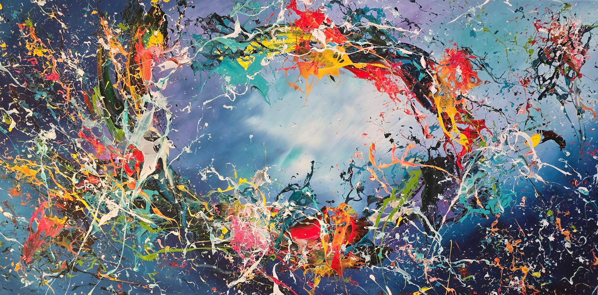 Original hand-painted abstract painting on canvas with colorful splashes on a blue and turquoise background, G005