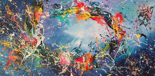 Original hand-painted abstract painting on canvas with colorful splashes on a blue and turquoise background, G005
