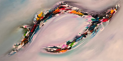 Original hand-painted abstract painting on canvas with soft neutral tones and flowing multicolor accents, G035