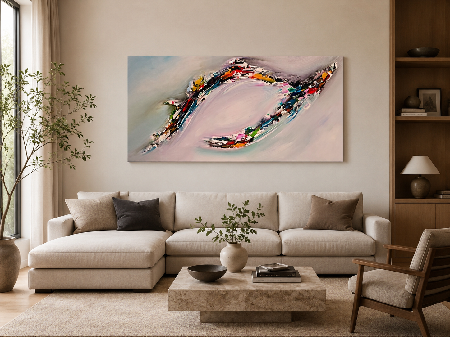 Large soft neutral abstract wall art displayed in a modern living room interior, G035
