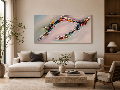 Large soft neutral abstract wall art displayed in a modern living room interior, G035