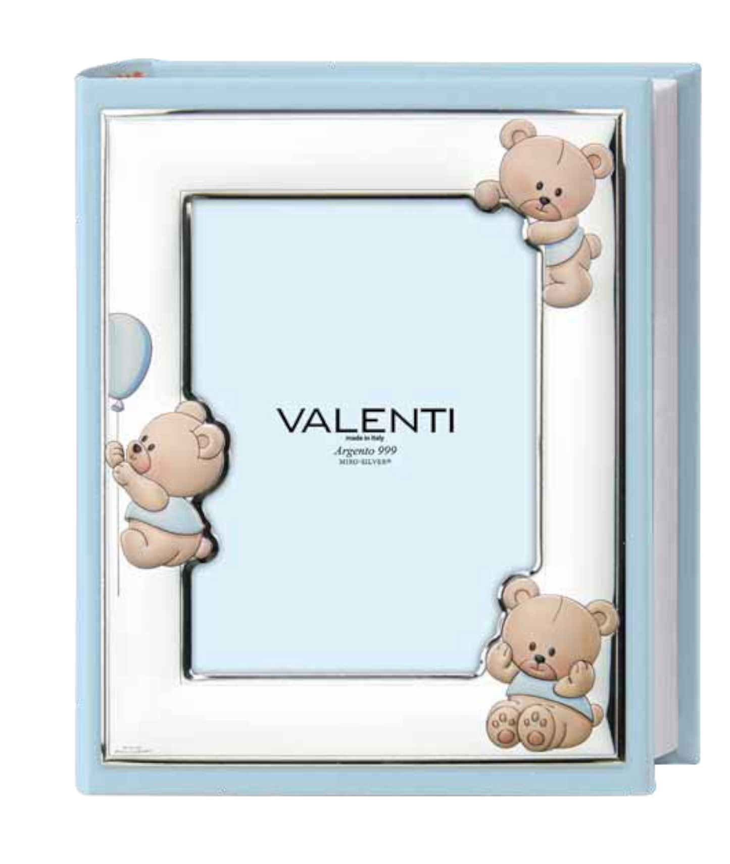Valenti 73574 Italian baby photo album in blue with teddy bear design and cover photo insert